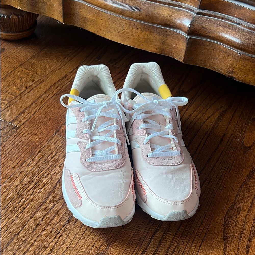 Adidas Pink and White Sneakers with Orange Accents